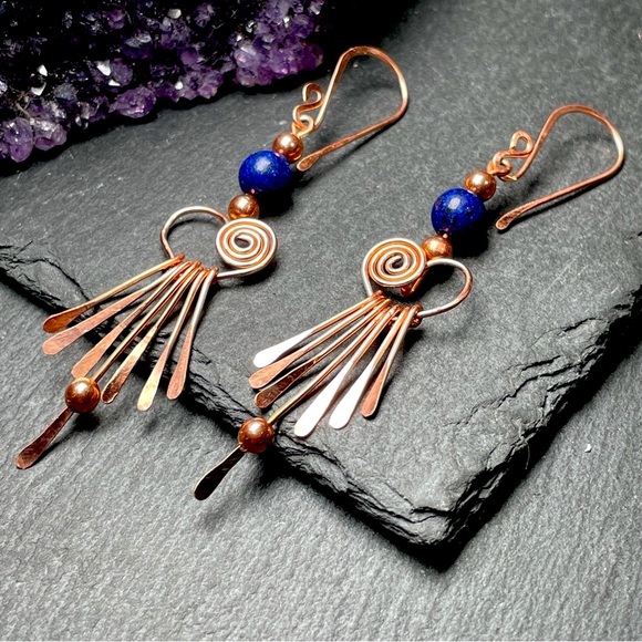 Genuine Blue Lapiz Lazuli Beaded Fringe Copper Earrings Artisan Designed - Picture 4 of 15